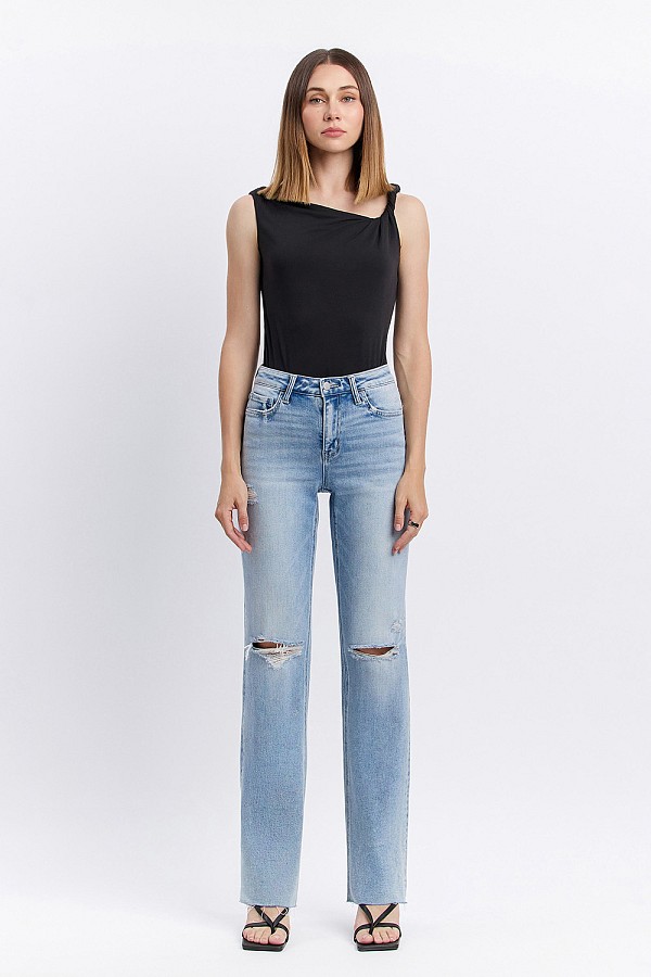 HIGH RISE DISTRESSED SLIM WIDE JEAN...